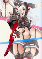 Rule 34 | 1girl, amatsukaze (kancolle), arms up, ass, black panties, blush, breasts, brown eyes, dress, fang, garter straps, gloves, grey hair, hair tubes, highres, kantai collection, long hair, looking at viewer, multiple views, open clothes, open mouth, open shirt, panties, rensouhou-kun, sailor dress, short dress, small breasts, smile, smokestack hair ornament, thigh gap, thighhighs, two side up, underwear, watanabe yoshihiro, white gloves