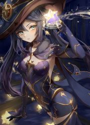 Rule 34 | 1girl, black gloves, clothing cutout, commentary request, covered navel, detached sleeves, genshin impact, gloves, green eyes, hat, highres, long hair, looking at viewer, mona (genshin impact), mona (pact of stars and moon) (genshin impact), pantyhose, purple hair, solo, twintails, una kamra, witch hat