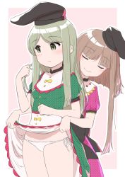 Rule 34 | 2girls, apron, assisted exposure, black hat, blunt bangs, blush, border, clothes lift, cowboy shot, dress, dress lift, green dress, green eyes, green hair, hat, lifting another&#039;s clothes, long hair, looking away, looking to the side, multiple girls, nishida satono, outline, panties, parted lips, pink background, pink dress, polka dot, polka dot dress, short sleeves, side-tie panties, sidelocks, simple background, smile, standing, tareme, teireida mai, touhou, twirling hair, underwear, upskirt, waist apron, wamu (chartreuse), white apron, white border, white outline, white panties