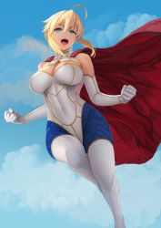 Rule 34 | 1girl, ahoge, artoria pendragon (fate), artoria pendragon (lancer) (fate), blonde hair, blue eyes, breasts, cape, cleavage, cleavage cutout, clothing cutout, cosplay, crossover, dc comics, elbow gloves, fate (series), flying, full body, gloves, open mouth, power girl, solo, superhero costume, yamaneko (tkdrumsco)