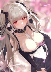 Rule 34 | 1girl, azur lane, between breasts, black dress, breasts, cleavage, detached collar, dress, formidable (azur lane), frilled dress, frills, from above, grey hair, highres, large breasts, long hair, necktie, necktie between breasts, red eyes, solo, takoho (frrh8747), twintails, two-tone dress, very long hair