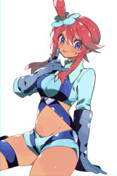 1girl arm_support blue_eyes blue_jacket blue_shorts breasts commentary_request creatures_(company) cropped_jacket game_freak gloves hair_between_eyes hair_ornament hand_up highres jacket kawasaki_(kwsk_8765) looking_at_viewer midriff nintendo one_side_up pink_hair pokemon pokemon_bw short_shorts shorts sidelocks simple_background sitting skyla_(pokemon) solo thigh_strap white_background