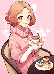 Rule 34 | 1girl, brown eyes, brown hair, chair, commentary, cup, english commentary, fingernails, floral background, food, forehead, grin, highres, holding, holding cup, holding plate, kuki tan, layered sleeves, looking at viewer, okumura haru, persona, persona 5, pink background, pink nails, pink sweater, plate, short hair, sitting, smile, solo, sweater, table, tea, teacup, white sleeves, zipper