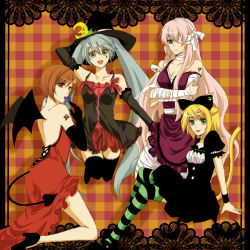 Rule 34 | 4girls, :p, animal ears, aqua eyes, aqua hair, bandages, bat wings, blonde hair, brown eyes, brown hair, cat ears, cat tail, crossed legs, dress, elbow gloves, eyepatch, gloves, hair ornament, hair ribbon, hairclip, halloween, hat, hatsune miku, kagamine rin, long hair, megurine luka, meiko (vocaloid), multiple girls, open mouth, pink hair, red dress, red skirt, ribbon, short hair, sitting, skirt, smile, striped clothes, striped legwear, striped thighhighs, tail, thighhighs, tongue, tongue out, twintails, very long hair, vocaloid, wings, witch hat, yoi, zettai ryouiki