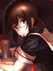 Rule 34 | ahoge, black serafuku, blue eyes, braid, brown hair, cabinet, cup, disposable cup, glasses, hair flaps, hair over shoulder, kantai collection, neckerchief, notebook, pen, red neckerchief, remodel (kantai collection), room, school uniform, serafuku, shigure (kancolle), single braid, table, youmou usagi