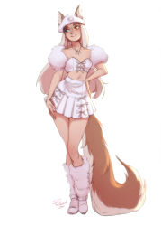 Rule 34 | 1girl, animal ears, blue eyes, boots, ears through headwear, fox ears, fox tail, freckles, full body, fur boots, hat, heterochromia, highres, jewelry, long hair, losse (personal ami), midriff, miniskirt, necklace, orange eyes, original, parted lips, personal ami, pleated skirt, signature, simple background, skirt, solo, tail, white background, white footwear, white hair, white hat, white skirt