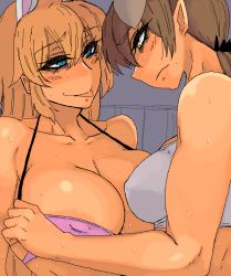 Rule 34 | 2girls, 69 (@ope84126886), animal ears, areola slip, blonde hair, blue eyes, bra, breasts, brown eyes, brown hair, charlotte e. yeager, cleavage, collarbone, dog ears, gertrud barkhorn, long hair, looking at another, multiple girls, pointy ears, rabbit ears, sports bra, sweat, tongue, tongue out, twintails, underwear, undressing, upper body, world witches series, yuri