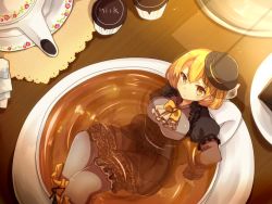 Rule 34 | 1girl, black pantyhose, blonde hair, breasts, corset, cup, frills, from above, frown, hat, in container, in cup, matryoshka (borscht), mini hat, mini person, minigirl, original, pantyhose, personification, short hair, solo, tea, teapot, yellow eyes