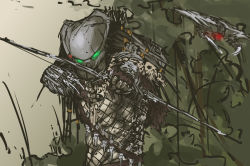Rule 34 | 1boy, aiming, alien, arrow (projectile), black hair, bow (weapon), claw (weapon), colored skin, drone, fingerless gloves, fishnets, gloves, glowing, glowing eyes, gradient background, green eyes, grey skin, hair ornament, helmet, highres, long hair, male focus, nameo (judgemasterkou), nature, outdoors, plant, predator (1987), predator (character), predator (series), sketch, skull, solo, upper body, weapon