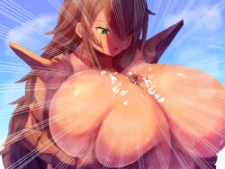 Rule 34 | 1boy, 1girl, armor, between breasts, breasts, brown hair, deep skin, expressionless, full body paizuri, giant, giantess, gigantic breasts, grabbing own breast, green eyes, hetero, ituki gi, long hair, mon-musu quest!, motion lines, person between breasts, scar, size difference, spikes