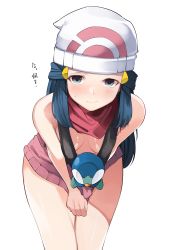Rule 34 | 1girl, ?, absurdres, bad id, bad twitter id, bare shoulders, beanie, bent over, blue eyes, blue hair, blush, breasts, closed mouth, clothes pull, clueless, creatures (company), dawn (pokemon), downblouse, extended downblouse, game freak, gen 4 pokemon, hat, highres, kurutsuki, leaning forward, long hair, looking at viewer, miniskirt, nintendo, no bra, piplup, pokemon, pokemon (creature), pokemon dppt, red scarf, scarf, shirt, shirt pull, simple background, skirt, skirt pull, sleeveless, sleeveless shirt, small breasts, solo focus, sweatdrop, text focus, translation request, white background
