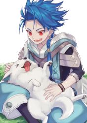 Rule 34 | 1boy, 1other, aged down, asymmetrical bangs, blue hair, bodysuit, bodysuit under clothes, braid, braided ponytail, child, cu chulainn (fate), dog, earrings, fate/grand order, fate/grand order arcade, fate (series), hood, hood down, jewelry, long hair, male focus, open mouth, petting, ponytail, puffy pants, puppy, red eyes, setanta (fate), sitting, smile, spiked hair, usuke