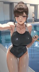 Rule 34 | 1boy, 1girl, anteiru, black one-piece swimsuit, blush, breasts, brown eyes, brown hair, check commentary, cleavage, collarbone, commentary request, competition swimsuit, covered navel, fujisaki hanami (anteiru), fujisaki honami, gluteal fold, hair bun, highres, holding, indoors, large breasts, looking at viewer, one-piece swimsuit, open mouth, original, pool, selfie, short hair, sidelocks, smile, standing, swimsuit, teeth, thighs, upper teeth only, water
