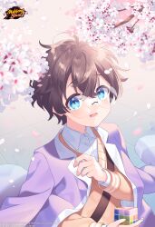 Rule 34 | 1boy, :d, absurdres, ahoge, black hair, blue eyes, child, collared shirt, commentary, copyright name, english commentary, flower, glasses, hair between eyes, highres, holding, holding toy, ichinose sora, jacket, kusumoto shizuru, logo, looking at viewer, mahjong soul, male focus, mole, mole under mouth, official art, official wallpaper, open mouth, purple jacket, round eyewear, rubik&#039;s cube, shirt, smile, solo, sweater, toy, upper body, white flower, white shirt