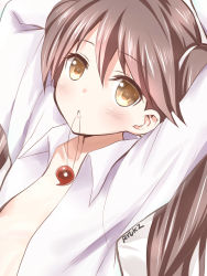 Rule 34 | 10s, 1girl, arms up, artist name, blush, brown eyes, brown hair, flat chest, highres, kantai collection, long hair, looking at viewer, magatama, mouth hold, open clothes, open shirt, personification, ryuki (ryukisukune), ryuujou (kancolle), shirt, solo, twintails