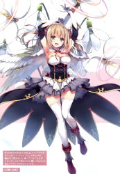 Rule 34 | 1girl, absurdres, armpits, arms up, blonde hair, blue eyes, boots, bow, bowtie, breasts, cape, capelet, copyright name, corset, dress, elbow gloves, flower knight girl, full body, gloves, hair ornament, highres, looking at viewer, medium breasts, name connection, object namesake, official art, open mouth, overskirt, pleated skirt, scan, short dress, short hair, simple background, skirt, smile, snowdrop (flower knight girl), solo, strapless, strapless dress, thighhighs, tomose shunsaku, twintails, white thighhighs, zettai ryouiki