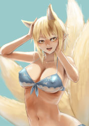 Rule 34 | 1girl, animal ears, aqua nails, arms up, bikini, blonde hair, blue background, blue bikini, blush, breasts, covered erect nipples, fox ears, fox tail, hands on own head, large breasts, multiple tails, nail polish, navel, nipples, open mouth, sailex, short hair, simple background, smile, solo, swimsuit, tail, touhou, yakumo ran, yellow eyes