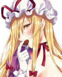 Rule 34 | 1girl, blonde hair, blush, bow, bowtie, breasts, candy, chocolate, chocolate heart, closed mouth, collarbone, commentary request, dress, food, gloves, hair between eyes, hair bow, hand up, hat, hat bow, heart, kirisita, long hair, looking at viewer, medium breasts, mob cap, puffy short sleeves, puffy sleeves, purple dress, red bow, red bowtie, short sleeves, simple background, smile, solo, touhou, upper body, white background, white gloves, white hat, yakumo yukari, yellow eyes
