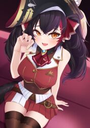 Rule 34 | 1girl, animal ear fluff, animal ears, ascot, belt, black hair, claw pose, cosplay, covered navel, fang, from above, hair ornament, hair ribbon, hairclip, hat, highres, hololive, houshou marine, houshou marine (1st costume), houshou marine (cosplay), looking at viewer, midriff, miniskirt, multicolored hair, nixour, ookami mio, open mouth, pirate hat, red hair, ribbon, sitting, skin fang, skirt, solo, streaked hair, thighhighs, twintails, virtual youtuber, wolf ears, x hair ornament, yellow eyes, zettai ryouiki