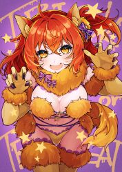 Rule 34 | 1girl, ahoge, animal ears, blush, breasts, chaldea logo, claw pose, cosplay, elbow gloves, fate/grand order, fate (series), fujimaru ritsuka (female), fur-trimmed gloves, fur-trimmed legwear, fur bikini, fur collar, fur trim, gloves, hair between eyes, hair ornament, hair scrunchie, highres, ichino tomizuki, large breasts, looking at viewer, mash kyrielight, mash kyrielight (dangerous beast), mash kyrielight (dangerous beast) (cosplay), navel, one side up, open mouth, orange eyes, orange hair, revealing clothes, scrunchie, short hair, side ponytail, solo, thighhighs, wolf ears, yellow scrunchie