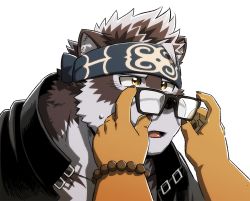 Rule 34 | 1boy, 1other, animal ears, bara, black-framed eyewear, black jacket, blush, chest hair, close-up, furry, furry male, glasses, grey fur, grey hair, headband, horkeu kamui, jacket, male focus, muscular, open mouth, pince-nez, rossciaco, short hair, solo focus, tail, tokyo houkago summoners, two-tone fur, white fur, wolf boy, wolf ears, wolf tail, yellow eyes