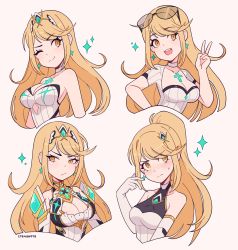 Rule 34 | 1girl, absurdres, alternate costume, alternate hairstyle, blonde hair, breasts, chest jewel, cleavage, cleavage cutout, clothing cutout, cremanata, dress, highres, large breasts, long hair, mythra (radiant beach) (xenoblade), mythra (xenoblade), short dress, solo, swept bangs, very long hair, white dress, xenoblade chronicles (series), xenoblade chronicles 2, yellow eyes