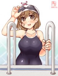 Rule 34 | 1girl, animal, animal on head, artist logo, bandaid, bandaid on face, black one-piece swimsuit, breasts, brown eyes, brown hair, collarbone, commentary request, covered navel, crab, dated, goggles, goggles on head, gradient background, highres, kanon (kurogane knights), kantai collection, looking at viewer, medium breasts, oboro (kancolle), on head, one-piece swimsuit, pool ladder, school swimsuit, short hair, swim cap, swimsuit, upper body