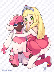 Rule 34 | 1girl, :d, blonde hair, blunt bangs, blush, boots, commentary request, cosplay, creatures (company), dress, drill hair, elbow gloves, eyelashes, from side, furfrou, furfrou (matron), game freak, gen 6 pokemon, gloves, green eyes, happy, highres, holding, holding pokemon, kinocopro, kneeling, lillie (pokemon), long hair, nintendo, off-shoulder dress, off shoulder, open mouth, pantyhose, pink dress, pink footwear, pokemon, pokemon (anime), pokemon (creature), pokemon sm (anime), pokemon xy (anime), princess allie (cosplay), smile, tiara, twin drills, white gloves, white pantyhose