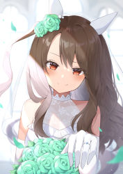 Rule 34 | 1girl, absurdres, animal ears, bare shoulders, blurry, blurry background, blush, bouquet, bridal veil, brown hair, dress, ear covers, elbow gloves, flower, gloves, green flower, green rose, hair flower, hair ornament, halterneck, head tilt, highres, horse ears, jewelry, king halo (umamusume), long hair, looking at viewer, orange hair, outstretched arm, petals, reaching, reaching towards viewer, ring, rose, sleeveless, sleeveless dress, smile, solo, split mouth, sunlight, tyabesu, umamusume, upper body, veil, wedding dress, white gloves