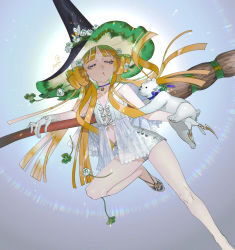 Rule 34 | 1girl, bear, blonde hair, blue eyes, broom, bug, butterfly, capelet, choker, claw ring, clover (flower), crop top, facepaint, flower, gloves, half-closed eyes, hat, high-waist shorts, insect, lace, lace trim, leg up, long hair, looking down, pixiv fantasia, pixiv fantasia last saga, polar bear, pouty lips, psyche (arcadia), ribbon, see-through, shorts, sleeveless, solo, witch, witch hat