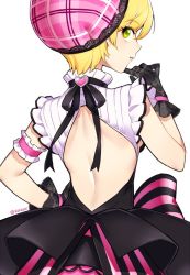 Rule 34 | 10s, 1girl, arm garter, artist name, back, back cutout, bare arms, black dress, black gloves, blonde hair, blush, breasts, clothing cutout, dress, eyelashes, frills, from behind, gloves, green eyes, hand on own hip, hand up, hat, heart, idolmaster, idolmaster cinderella girls, idolmaster cinderella girls starlight stage, lace-trimmed hat, lace trim, light smile, looking back, miyamoto frederica, parted lips, pink hat, plaid headwear, profile, short hair, short sleeves, sideboob, simple background, solo, white background, zn (zzzzzni)