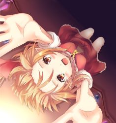 Rule 34 | 1girl, arms up, ascot, blonde hair, blush, crystal, flandre scarlet, from above, hair ribbon, highres, kuro (baseball0000), looking at viewer, looking up, no headwear, no headwear, open hands, open mouth, outstretched arms, pointy ears, red eyes, ribbon, sitting, skirt, skirt set, solo, touhou, wings