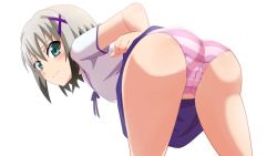 Rule 34 | absurdres, ass, blush, closed mouth, feet out of frame, green eyes, highres, leaning forward, looking at viewer, looking back, lord dearche, lyrical nanoha, mahou shoujo lyrical nanoha, panties, pink panties, sarura, skirt, standing, striped clothes, striped panties, thighs, underwear, white background, white hair