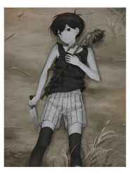 Rule 34 | 1boy, black eyes, black hair, black tank top, black thighhighs, border, expressionless, feet out of frame, flower, hai (haihki), highres, holding, holding flower, holding knife, kitchen knife, knife, looking at viewer, lying, male focus, omori, omori (omori), on back, on ground, pale skin, short hair, shorts, solo, striped clothes, striped shorts, sunflower, tank top, thighhighs, white border, withered