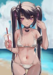 Rule 34 | 1girl, :o, absurdres, ahoge, arm garter, beach, bikini, black choker, black hair, blue sky, blush, breasts, choker, cloud, commentary request, cowboy shot, cup, day, disposable cup, drinking straw, gluteal fold, grey bikini, hair between eyes, hair ribbon, halterneck, highres, holding, holding cup, long hair, looking at viewer, medium breasts, mole, mole on breast, multi-strapped bikini, navel, ocean, original, outdoors, priite hari (torriet), purple eyes, purple ribbon, revision, ribbon, side-tie bikini bottom, sky, solo, standing, string bikini, striped bikini, striped clothes, swimsuit, thighs, torriet, twintails, very long hair