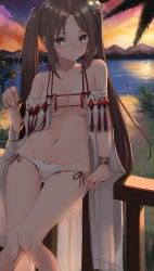 Rule 34 | 1girl, bare shoulders, bikini, breasts, brown eyes, brown hair, cleavage, closed mouth, collarbone, earrings, unworn eyewear, fate/grand order, fate (series), gradient sky, hair ornament, highres, jewelry, lake, long hair, medium breasts, mountainous horizon, multiple earrings, navel, open clothes, orange sky, purple sky, revision, robe, sky, sunglasses, sunglasses removed, sunset, swimsuit, thighs, twilight, twintails, umino hotate, very long hair, white bikini, yu mei-ren (fate), yu mei-ren (swimsuit lancer) (fate)