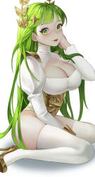 Rule 34 | 1girl, absurdres, afk arena, breasts, commentary, flora (afk arena), green eyes, green hair, highres, large breasts, long hair, looking at viewer, sirusand, sitting, thighhighs, tongue, tongue out, very long hair, white background, white thighhighs