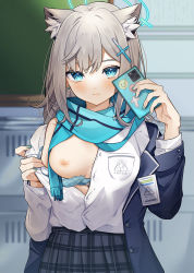 Rule 34 | 1girl, absurdres, animal ear fluff, animal ears, blazer, blue archive, blue bra, blue eyes, blue scarf, blurry, blurry background, blush, bra, breasts, cellphone, cross hair ornament, earrings, extra ears, grey hair, hair ornament, halo, highres, holding, holding phone, id card, indoors, jacket, jewelry, looking at viewer, medium breasts, mismatched pupils, nail polish, nipples, norisukexxy, one breast out, open clothes, phone, plaid, plaid skirt, scarf, school uniform, selfie, shiroko (blue archive), skirt, smartphone, solo, underwear