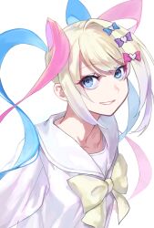Rule 34 | 1girl, blonde hair, blue bow, blue eyes, blue hair, bow, chouzetsusaikawa tenshi-chan, commentary request, hair bow, highres, long hair, looking at viewer, multicolored hair, multiple hair bows, needy girl overdose, open mouth, pink bow, pink hair, purple bow, quad tails, sailor collar, shirt, simple background, smile, solo, tonabe, upper body, white background, white shirt, yellow bow