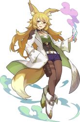 Rule 34 | 1girl, animal ear fluff, animal ears, artist request, belt, between fingers, blonde hair, blush, boots, breasts, brown-framed eyewear, brown pantyhose, cleavage, coat, corset, fang, female focus, fox ears, fox girl, fox tail, full body, glasses, half-closed eyes, hand in pocket, hand up, happy, highres, holding, holding test tube, holster, lab coat, large breasts, leaning back, light blush, liquid, long hair, long sleeves, looking at viewer, non-web source, official art, open clothes, open coat, open mouth, orange eyes, pantyhose, purple shorts, renoir (world flipper), semi-rimless eyewear, shirt, short shorts, shorts, sidelocks, simple background, skin fang, smile, smoke, solo, standing, tail, test tube, thigh holster, thigh strap, transparent background, two-sided coat, two-sided fabric, white coat, white footwear, world flipper