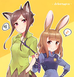 Rule 34 | 2girls, animal ears, bad id, bad pixiv id, beatrice (princess principal), blue shirt, blush, breasts, brown eyes, brown hair, closed mouth, collared shirt, cosplay, dorothy (princess principal), eighth note, fox ears, green shirt, hand in pocket, hand on own hip, head tilt, highres, judy hopps, judy hopps (cosplay), kemonomimi mode, long hair, long sleeves, multiple girls, musical note, necktie, necktie grab, neckwear grab, nick wilde, nick wilde (cosplay), orange background, police, police badge, police uniform, policewoman, princess principal, purple eyes, purple neckwear, shirt, short sleeves, sleeves past wrists, small breasts, smile, sorimachi-doufu, spoken musical note, spoken sweatdrop, sweat, sweatdrop, uniform, zootopia