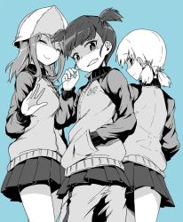 Rule 34 | 10s, 3girls, aki (girls und panzer), aokaze (mimi no uchi), bad id, bad twitter id, blue background, blunt bangs, closed eyes, closed mouth, commentary, emblem, from behind, girls und panzer, greyscale, greyscale with colored background, grin, hair tie, hand in pocket, hat, holding, jacket, keizoku military uniform, long hair, long sleeves, looking at viewer, looking back, mika (girls und panzer), mikko (girls und panzer), military, military uniform, miniskirt, monochrome, multiple girls, pants, pants under skirt, partially colored, pleated skirt, raglan sleeves, short hair, short twintails, single vertical stripe, skirt, smile, stalk, standing, track jacket, track pants, twintails, uniform, waving, zipper pull tab