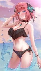 Rule 34 | 1girl, :3, absurdres, arm up, bare shoulders, bikini, black bikini, black choker, blue eyes, blunt bangs, blush, breasts, butterfly hair ornament, choker, cleavage, closed mouth, cloud, cowboy shot, day, go-toubun no hanayome, hair ornament, hand in own hair, heart, heart necklace, highres, horizon, jewelry, large breasts, looking at viewer, nakano nino, navel, necklace, ocean, outdoors, pink hair, pink sky, short hair, sky, smile, solo, splashing, stomach, swimsuit, two side up, wading, water, wristband, yousuketwelve