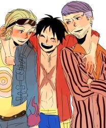 Rule 34 | 3boys, beard stubble, black hair, blonde hair, blue hair, blue jacket, blue shorts, commentary request, crossed arms, facial hair, hair slicked back, iceburg, jacket, jump (ah0029), looking at another, male focus, monkey d. luffy, multiple boys, one piece, orange shirt, paulie, sash, scar, scar on chest, scar on face, shirt, shorts, simple background, striped clothes, striped shirt, stubble, vertical-striped clothes, vertical-striped shirt, white background, yellow sash, yellow shirt