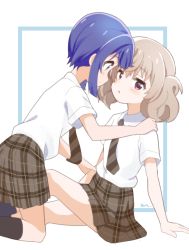 Rule 34 | 2girls, aayh, arm support, blue background, blue eyes, blue hair, brown hair, brown necktie, brown skirt, diagonal-striped clothes, diagonal-striped necktie, eye contact, hair between eyes, hand on another&#039;s shoulder, knee up, looking at another, minagi hiyori, multiple girls, necktie, parted lips, plaid, plaid skirt, pleated skirt, profile, purple eyes, school uniform, short sleeves, sitting, skirt, slow loop, striped clothes, twintails, two-tone background, white background, yoshinaga koi, yuri