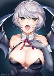 Rule 34 | 1girl, akamoku, bad id, bad pixiv id, breasts, cleavage, collarbone, demon girl, demon wings, detached collar, elbow gloves, fang, gloves, green eyes, grey gloves, grey hair, highres, large breasts, open mouth, original, short hair, solo, upper body, wings