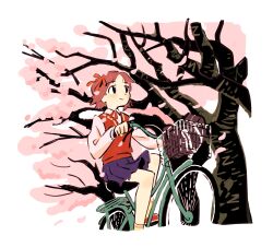 Rule 34 | 1girl, absurdres, amami haruka, bag, bicycle, bicycle basket, blue skirt, brown hair, cherry blossoms, clenched hand, closed mouth, collared shirt, commentary request, dot nose, falling petals, floating hair, foot out of frame, hair ribbon, hands up, highres, idolmaster, idolmaster (classic), iwashi iwashimo, long sleeves, looking ahead, neck ribbon, outdoors, petals, pleated skirt, red footwear, red ribbon, red sweater vest, ribbon, riding, riding bicycle, school bag, school uniform, shirt, short hair, skirt, smile, socks, solo, spring (season), sweater vest, tree, unworn bag, wind, wing collar, yellow socks
