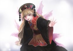 Rule 34 | 1girl, black dress, blonde hair, chinese clothes, dress, gradient background, hair ornament, ichiba youichi, junko (touhou), long hair, long sleeves, looking at viewer, open mouth, red eyes, sash, solo, tabard, touhou, very long hair, wide sleeves
