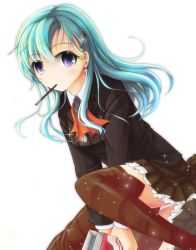 Rule 34 | 10s, 1girl, aqua hair, blush, food, green eyes, green hair, hair ornament, hairclip, ichika 5259, kantai collection, long hair, looking at viewer, matching hair/eyes, personification, pocky, purple eyes, skirt, smile, solo, suzuya (kancolle), transparent background, white background