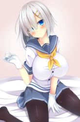 Rule 34 | 10s, 1girl, :o, bad id, bad pixiv id, between legs, blue eyes, blush, breasts, eyes visible through hair, gloves, hair ornament, hair over one eye, hairclip, hamakaze (kancolle), hand between legs, huge breasts, kantai collection, looking at viewer, pantyhose, personification, school uniform, serafuku, short hair, silver hair, sitting, solo, wariza, white gloves, yahiro (anhnw)